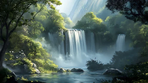 Lush multi-tiered waterfall in misty verdant canyon light.