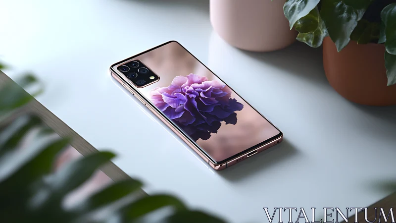Rose-gold smartphone with quad camera in botanical softbox scene.