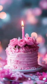 Luminous Birthday Celebration with Pink Frosted Cake and Glowing Candle