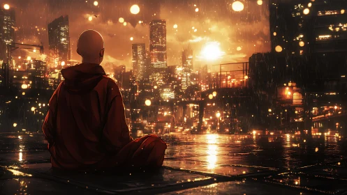 Solitary monk meditating in neon-lit rain over cyber city