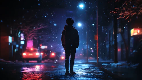 Midnight snow drifts around a lone dreamer in neon hush