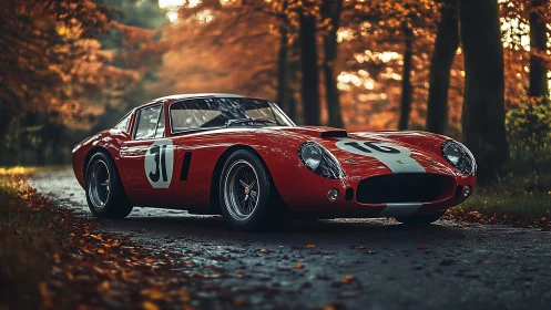 Scarlet vintage racer glides through an amber autumn dreamscape.