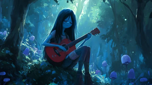Blue-skinned girl plays red guitar in volumetric lit forest clearing