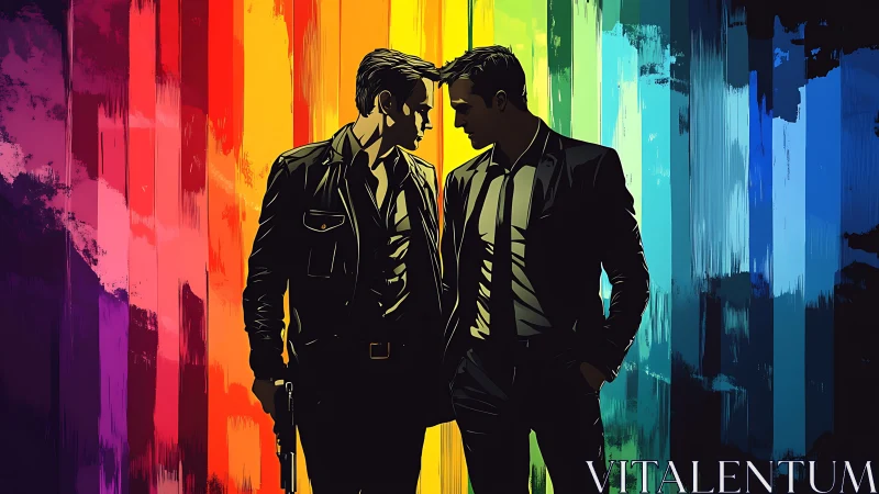 Neo-noir agents confront in front of a chromatic gradient backdrop