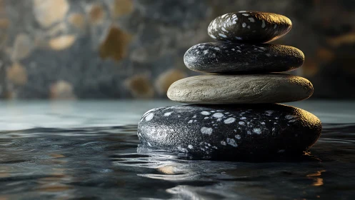 Stacked river stones in shallow reflective water at dusk.