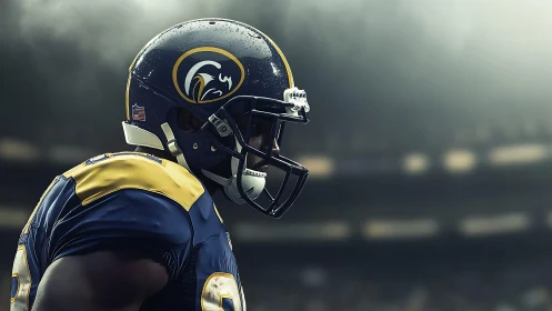 Gridiron lone wolf under stadium haze, ready to ignite kickoff.