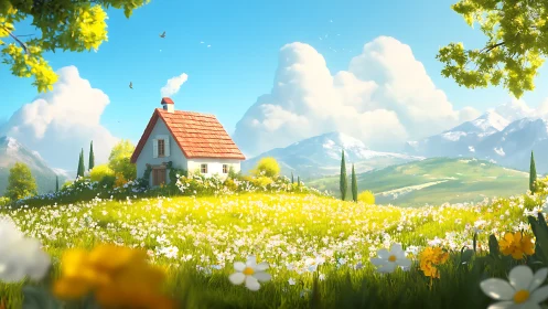 Sunny hillside cottage rests in a glowing field of wildflowers