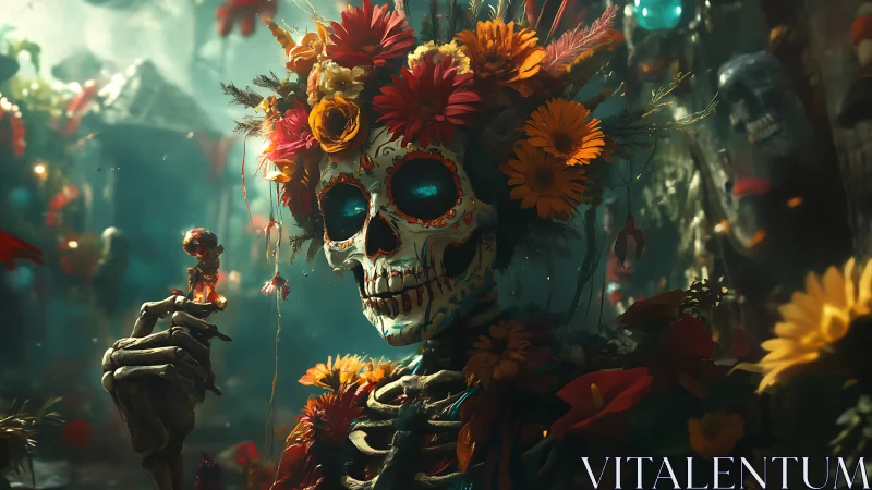 Floral crowned skeleton in luminous D&iacute;a de Muertos bloom.