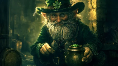 Iridescent leprechaun portrait with luminescent coin cauldron.