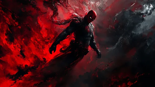 Red-masked figure stands within abstract red and black cloud