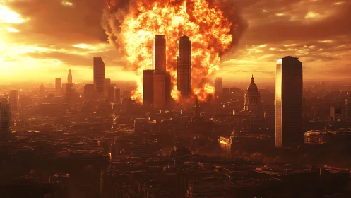 Tall city towers engulfed in a massive urban firestorm.