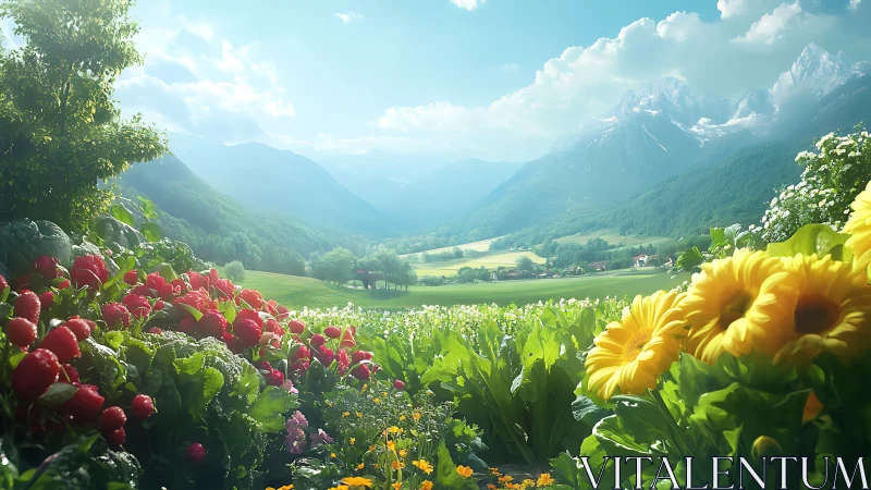 Hyperreal alpine valley garden under soft atmospheric backlighting