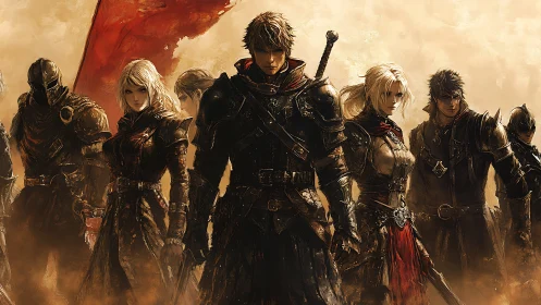 Armored fantasy vanguard advances through dust under tattered banner