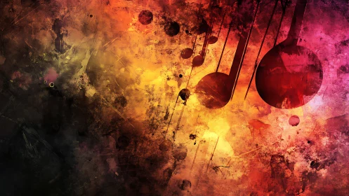 Vibrant music notes ignite textured grunge color field
