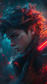 Cyberpunk antihero portrait under neon ember glow.