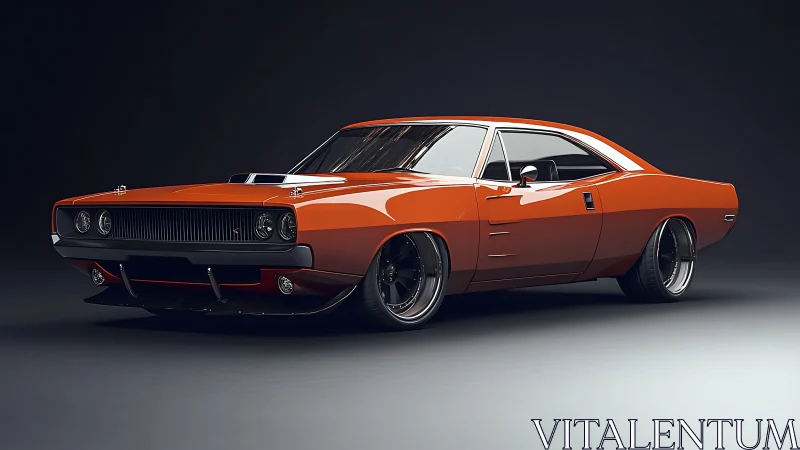 Bold orange muscle car gleams softly in a calm studio light