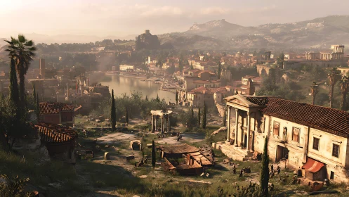 Sunlit ancient riverside city resting in golden calm.