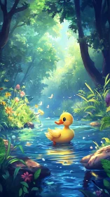 Cute yellow duckling floating in bright forest stream.