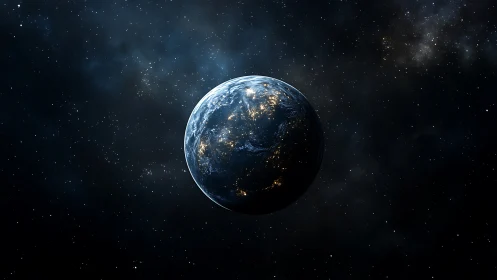 Luminous Earth drifts through velvet star-strewn darkness.