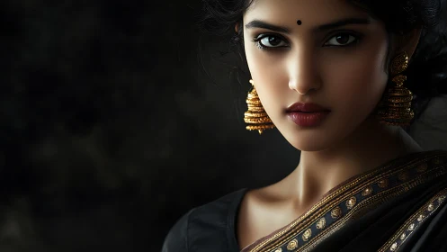 Elegant woman in black sari gazes into shadowed silence