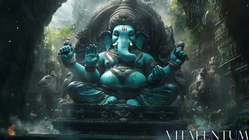 Monumental turquoise Ganesha idol in mist-laden stone sanctuary.