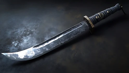 Curved fantasy sword with engraved blade and wrapped hilt.