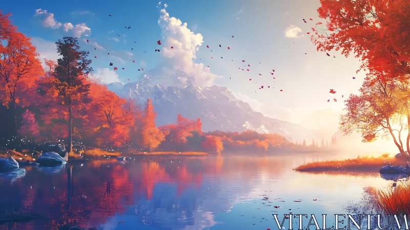 Sunlit autumn lake mirrors glowing mountains in calm serenity