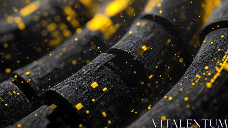 Abstract black cylinders with floating yellow particles, digital art.
