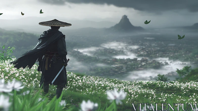 Digital painting of lone samurai above misted valley panorama.