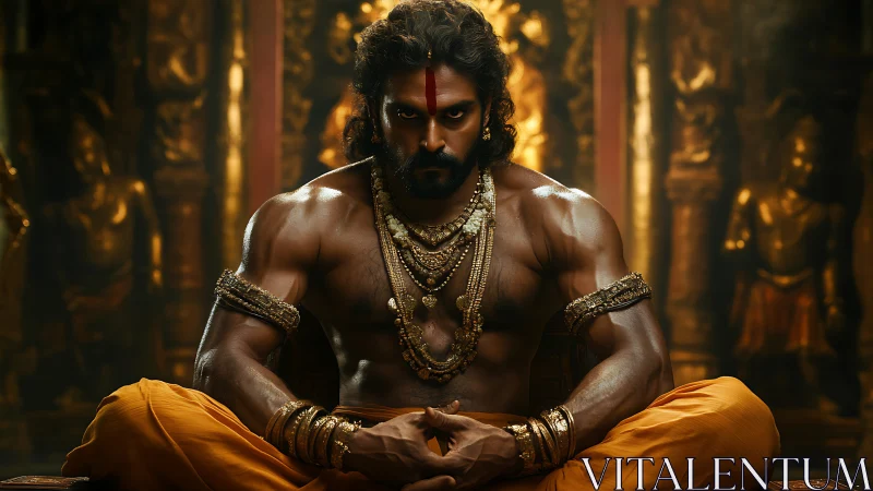 Seated warrior figure poses in ornate temple interior setting