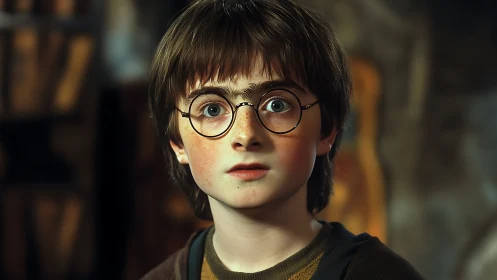 Young boy with round glasses in soft indoor lighting.