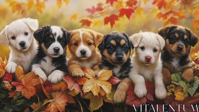 Six autumn puppies resting among colorful fallen leaves.