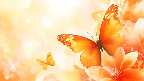 Two orange butterflies hover over soft-focus orange flowers