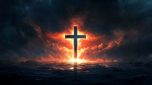 Glowing cross rising from stormy sea in peaceful radiance.