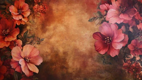 Layered floral composition with warm vintage textural degradation and chromatic stratification