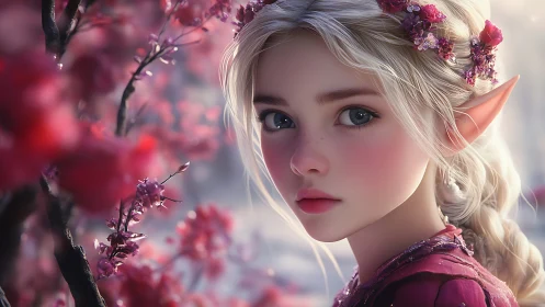 Elven girl in blossom grove rendered with soft-focus realism