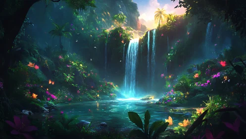 Enchanted jungle waterfall glowing with soft magical light.