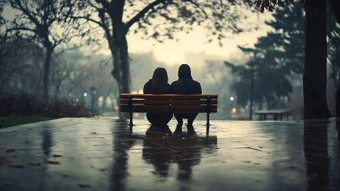 Two figures seated on bench in park during rain.