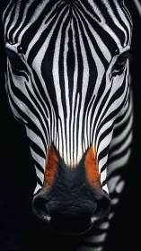 Zebra face close-up shows striped pattern and orange muzzle