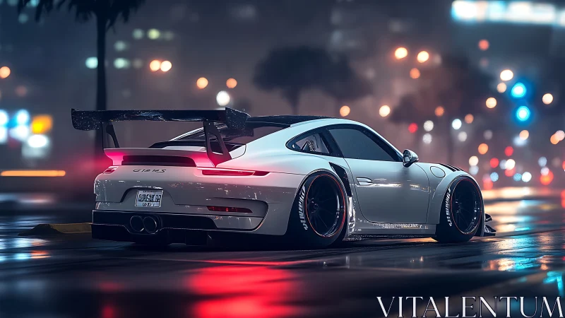Widebody GT3 RS rendered on wet neon street with bokeh lighting