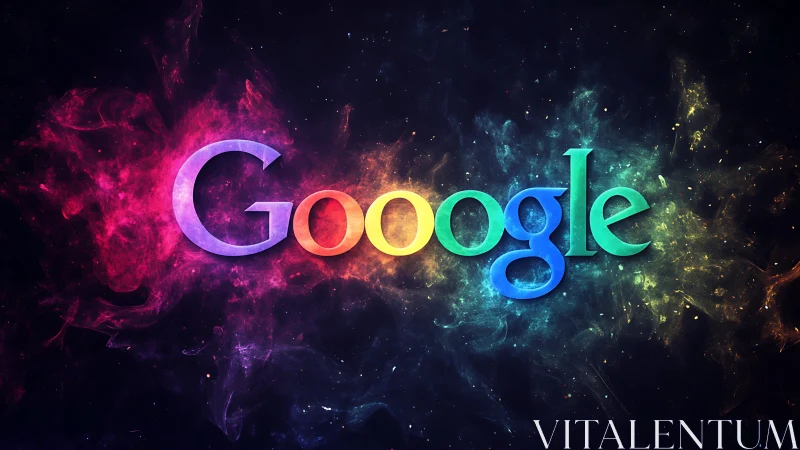 Multicolor luminous logotype with cosmic nebula backdrop.