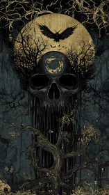 Dark crow and skull merging with twisted forest moon