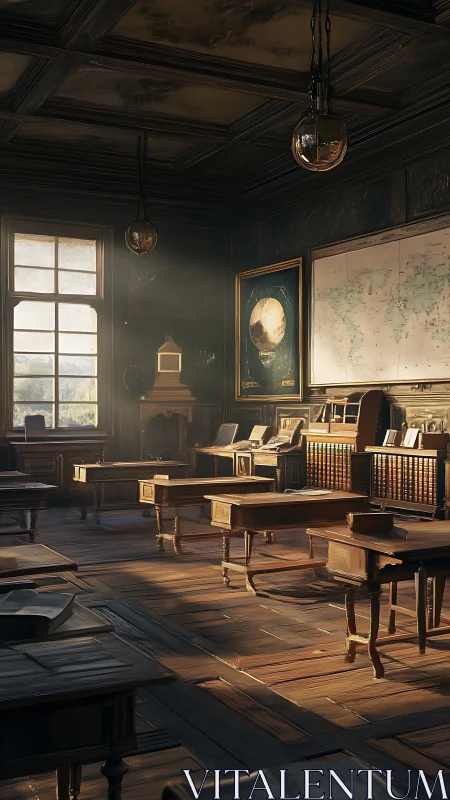 Sunlit vintage classroom interior with maps and globes.