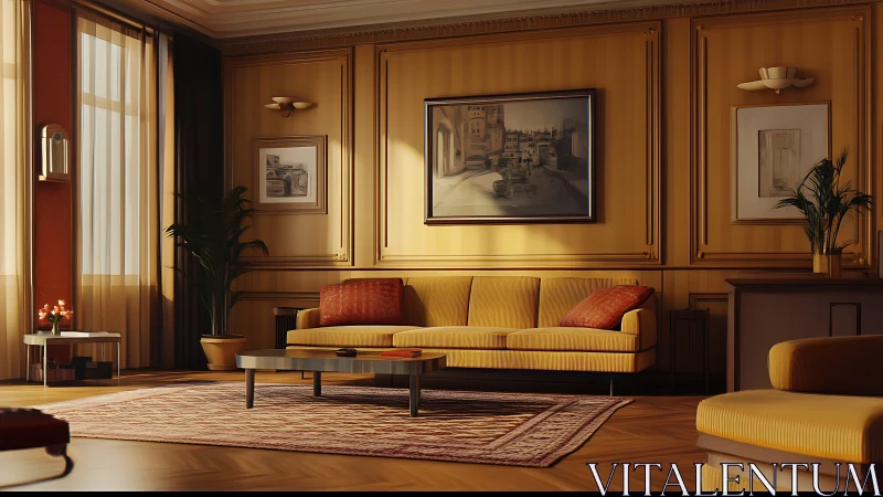 Sunlit golden living room with cozy sofa and mellow charm.
