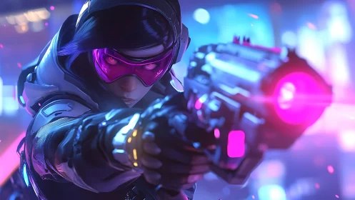 Cyber sniper locks onto target in neon battlefield showdown.