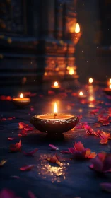 Clay oil lamps with flower petals on dark stone floor.