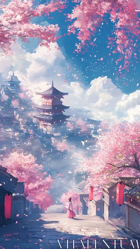Vertical scene shows hillside pagoda town under cherry trees