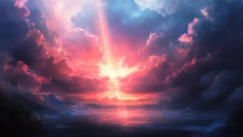 Celestial sunrise pierces storm clouds above mirror sea.