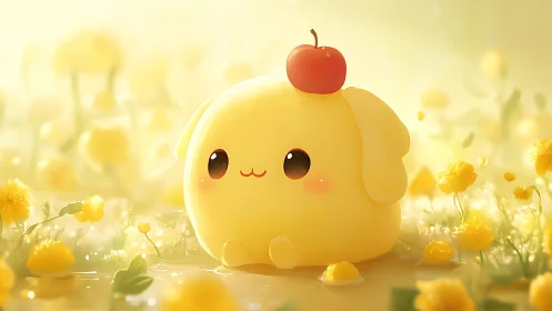 Sunny yellow blob creature with cherry in dreamy field.