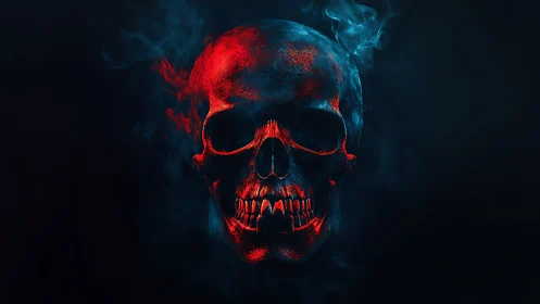 Luminous red skull in dark smoke with moody contrast.